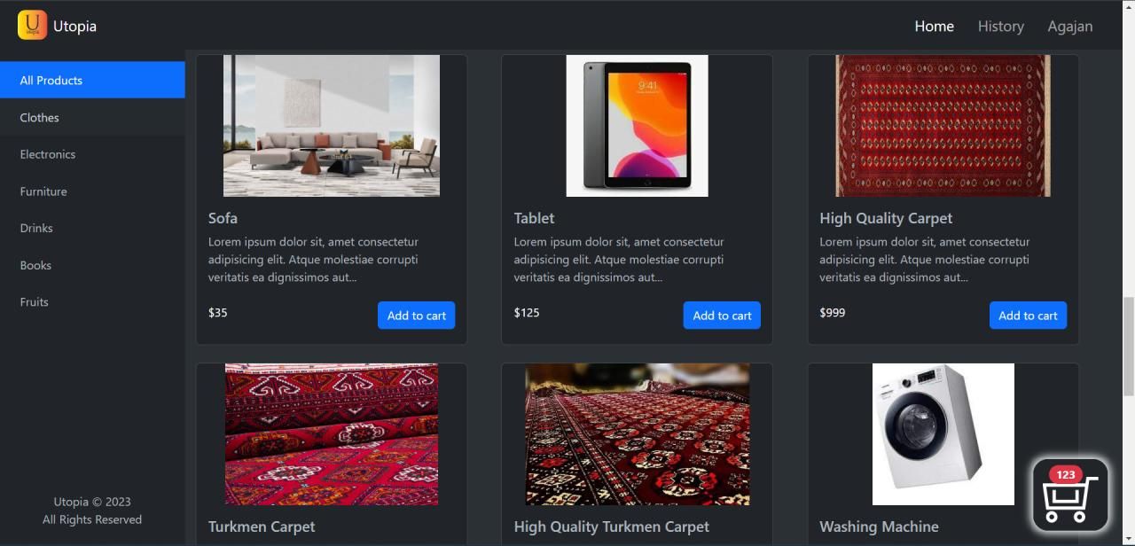 Utopia onlaýn dükany web programmasynyň görnüş suraty
